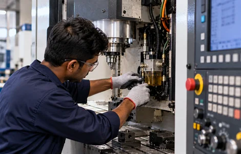 Technician performing maintenance and troubleshooting on CNC machinery at Princy Industries