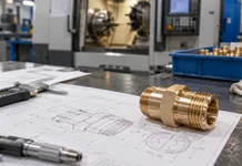 Brass precision component placed on an engineering drawing in a CNC manufacturing workshop at Princy Industries