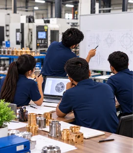Engineering team reviewing CAD designs and mechanical blueprints in a CNC manufacturing workshop with precision brass and steel components.