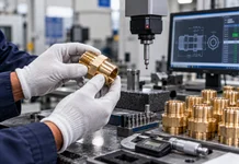 Precision metal manufacturing process with brass component inspection using a digital caliper at Princy Industries