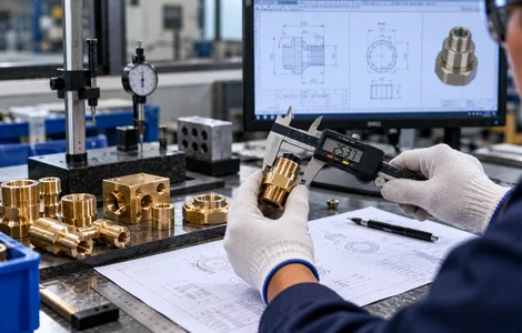 Quality control inspection of precision-machined brass components using a digital caliper and engineering drawings at Princy Industries