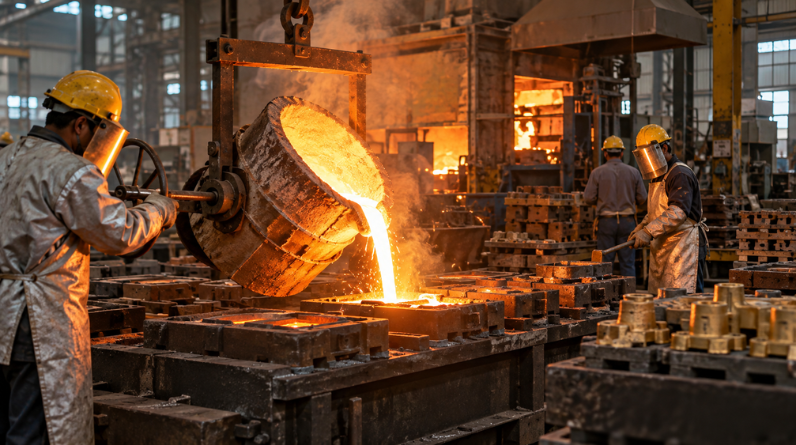 Industrial metal casting and forging process inside a foundry at Princy Industries